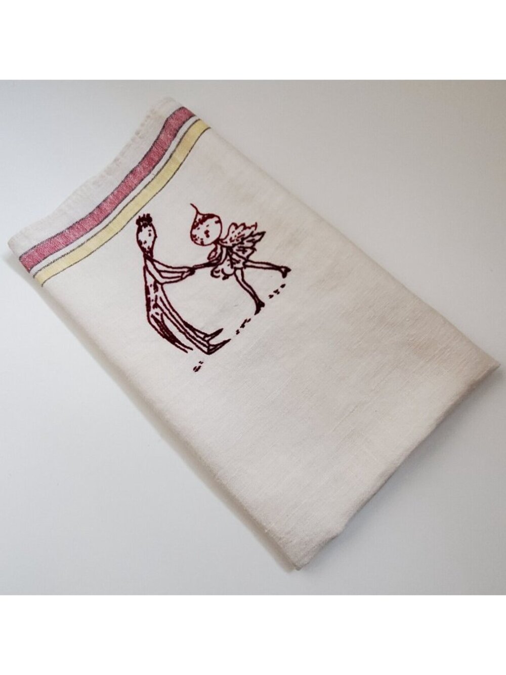 TEA TOWEL Anthropomorphic Hand Stitched Kitchen Turnip and Leek? Onion? Vintage